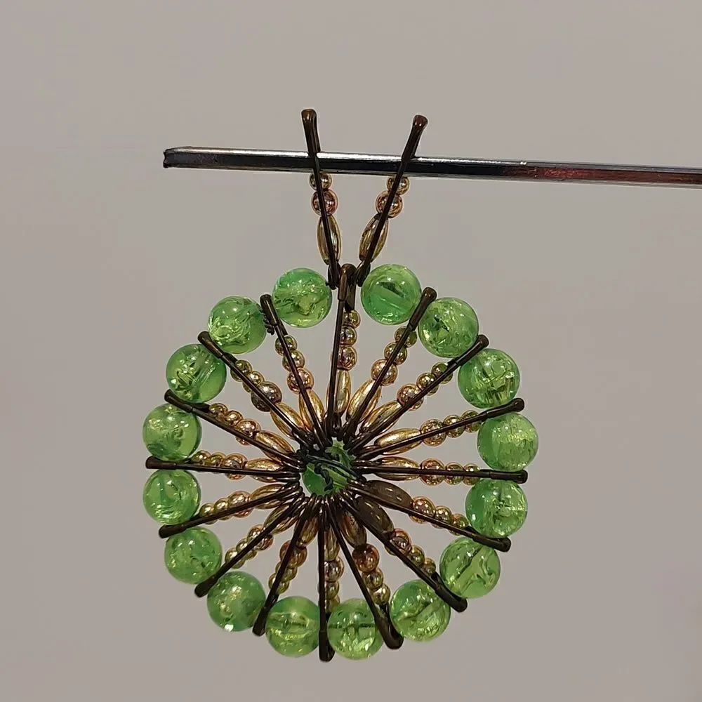 Vintage Safety Pin Art Green and Gold Bead Pendant/Brooch